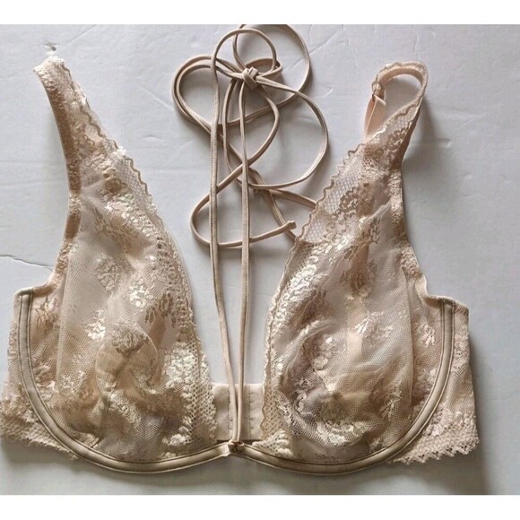 Savage x Fenty Caged Bra Size 34DD Unlined Floral Lace Beige Strappy Waist Tie - Picture 8 of 13